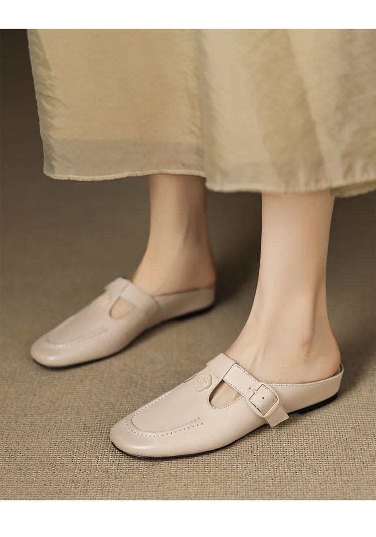 Recommended in-stock spring/summer round-toe slippers, closed-toe flat wedge heels, cowhide women's shoes, 4-20g