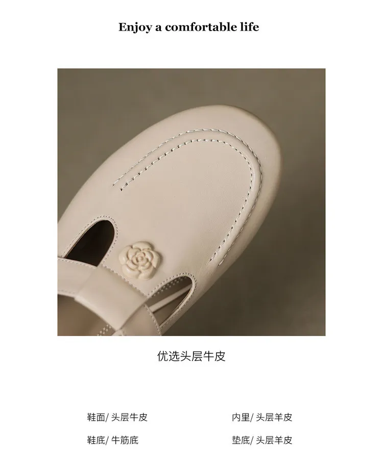 Recommended in-stock spring/summer round-toe slippers, closed-toe flat wedge heels, cowhide women's shoes, 4-20g