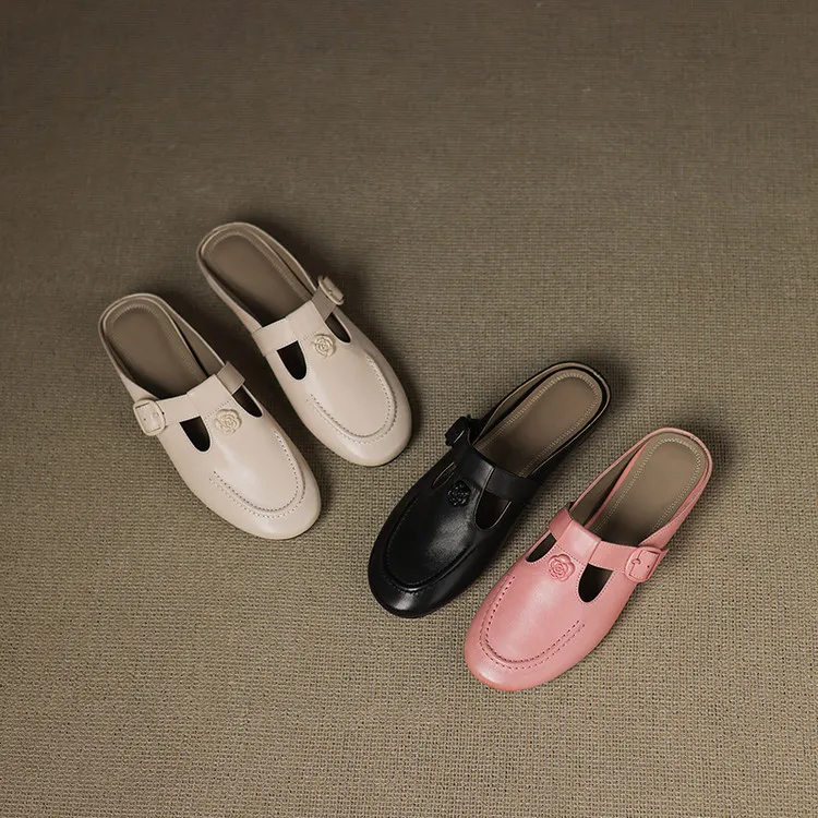 Recommended in-stock spring/summer round-toe slippers, closed-toe flat wedge heels, cowhide women's shoes, 4-20g