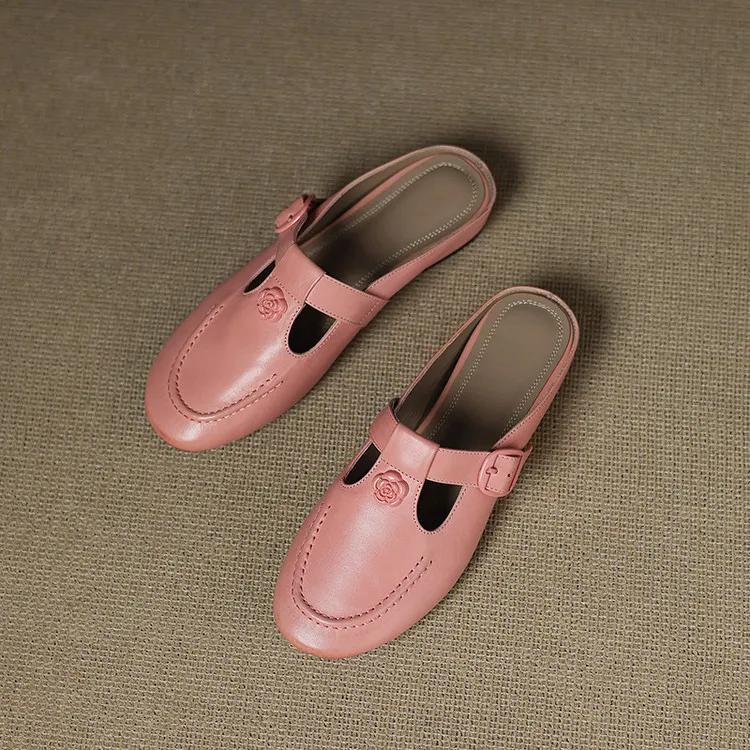Recommended in-stock spring/summer round-toe slippers, closed-toe flat wedge heels, cowhide women's shoes, 4-20g
