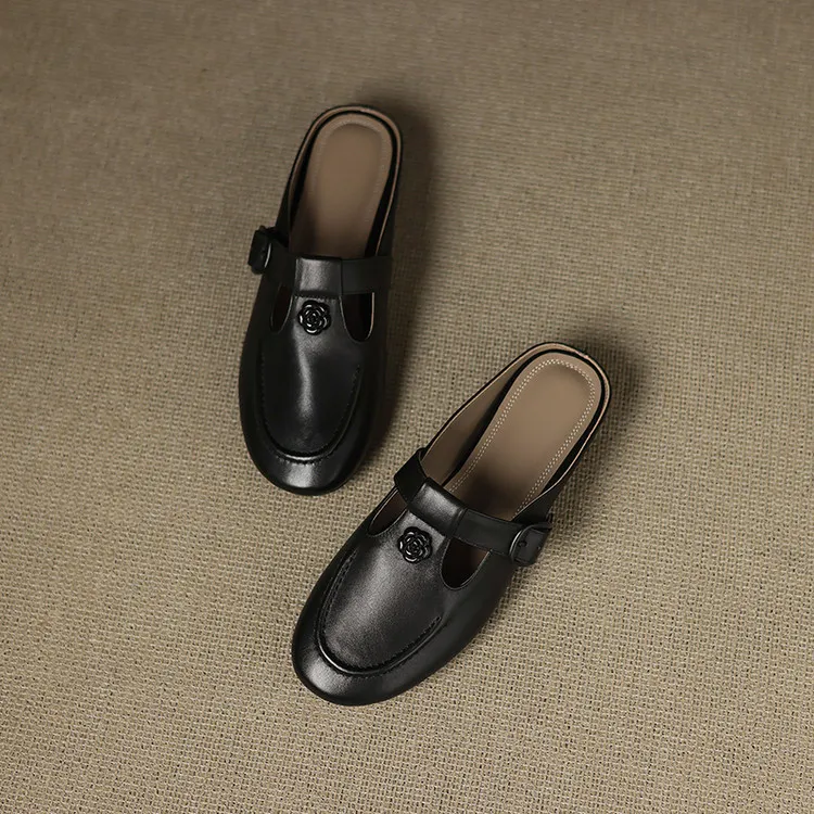 Recommended in-stock spring/summer round-toe slippers, closed-toe flat wedge heels, cowhide women's shoes, 4-20g