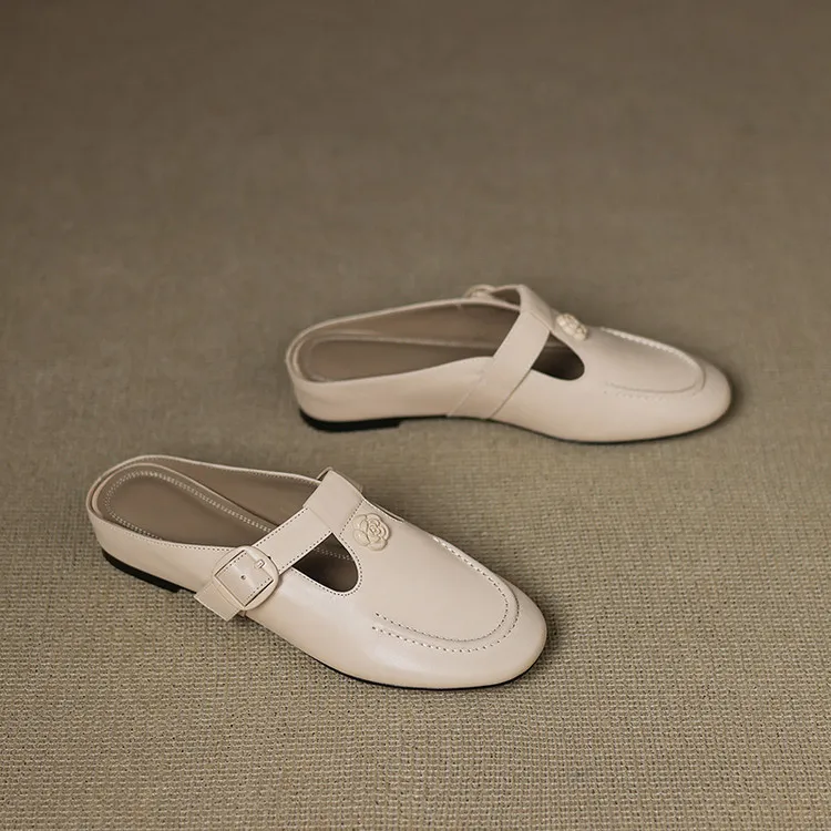 Recommended in-stock spring/summer round-toe slippers, closed-toe flat wedge heels, cowhide women's shoes, 4-20g
