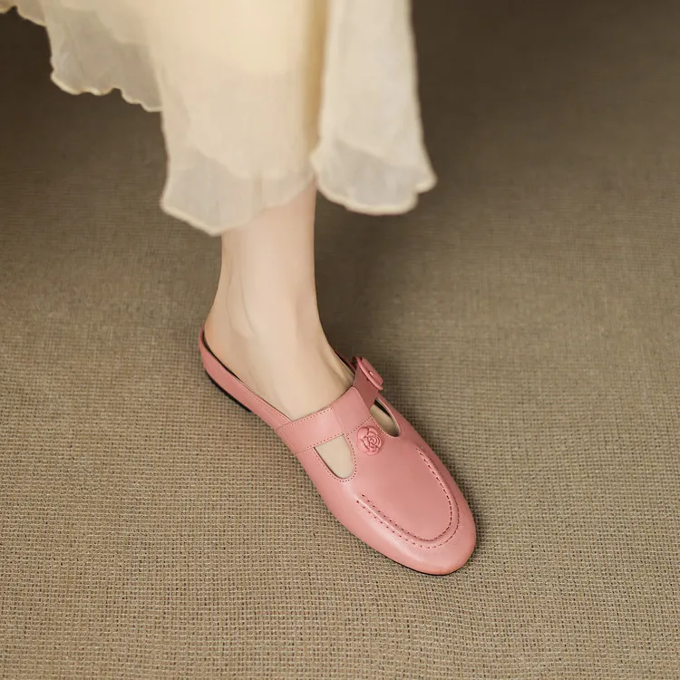 Recommended in-stock spring/summer round-toe slippers, closed-toe flat wedge heels, cowhide women's shoes, 4-20g