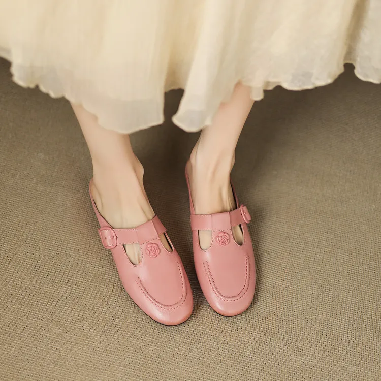Recommended in-stock spring/summer round-toe slippers, closed-toe flat wedge heels, cowhide women's shoes, 4-20g