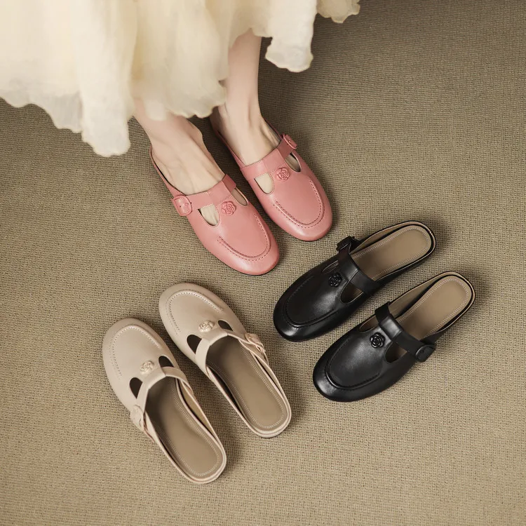 Recommended in-stock spring/summer round-toe slippers, closed-toe flat wedge heels, cowhide women's shoes, 4-20g