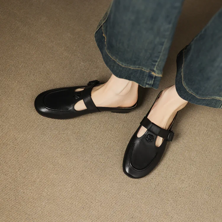 Recommended in-stock spring/summer round-toe slippers, closed-toe flat wedge heels, cowhide women's shoes, 4-20g