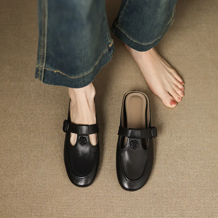 Recommended in-stock spring/summer round-toe slippers, closed-toe flat wedge heels, cowhide women's shoes, 4-20g
