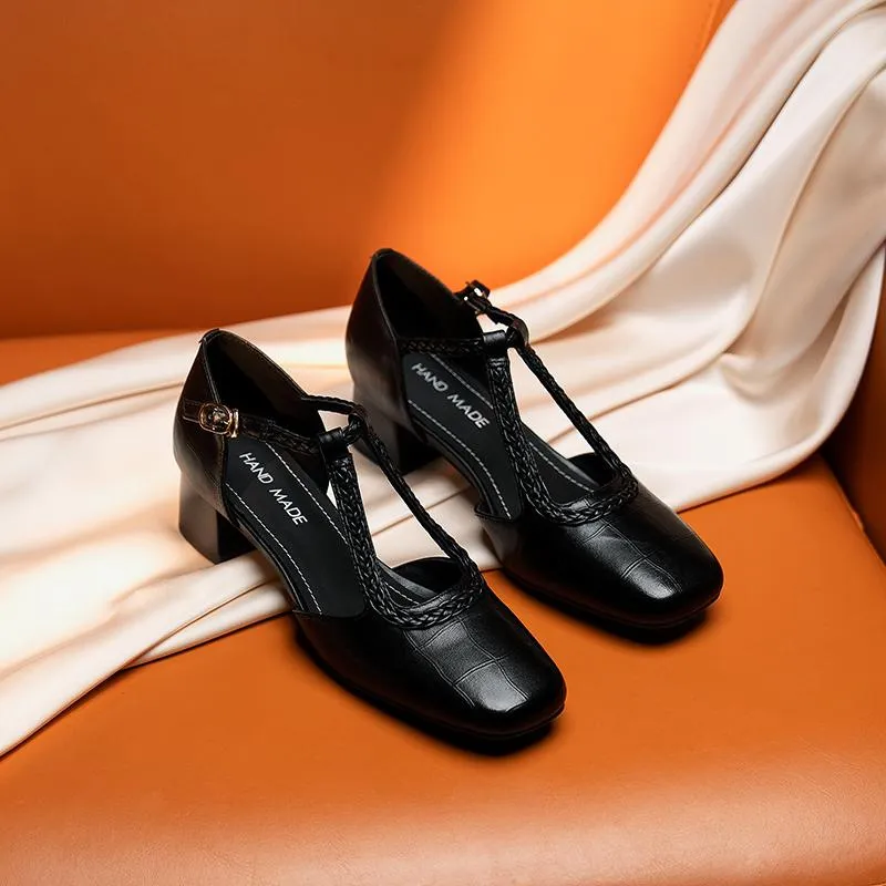 Genuine leather, 4cm heel, size 33-42, square toe sandals, chunky high heel, woven open-toe fashion women's shoes, brown/black/off-white.