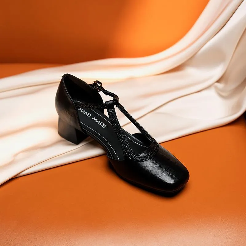 Genuine leather, 4cm heel, size 33-42, square toe sandals, chunky high heel, woven open-toe fashion women's shoes, brown/black/off-white.