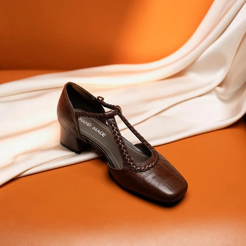 Genuine leather, 4cm heel, size 33-42, square toe sandals, chunky high heel, woven open-toe fashion women's shoes, brown/black/off-white.