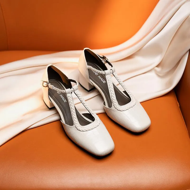 Genuine leather, 4cm heel, size 33-42, square toe sandals, chunky high heel, woven open-toe fashion women's shoes, brown/black/off-white.