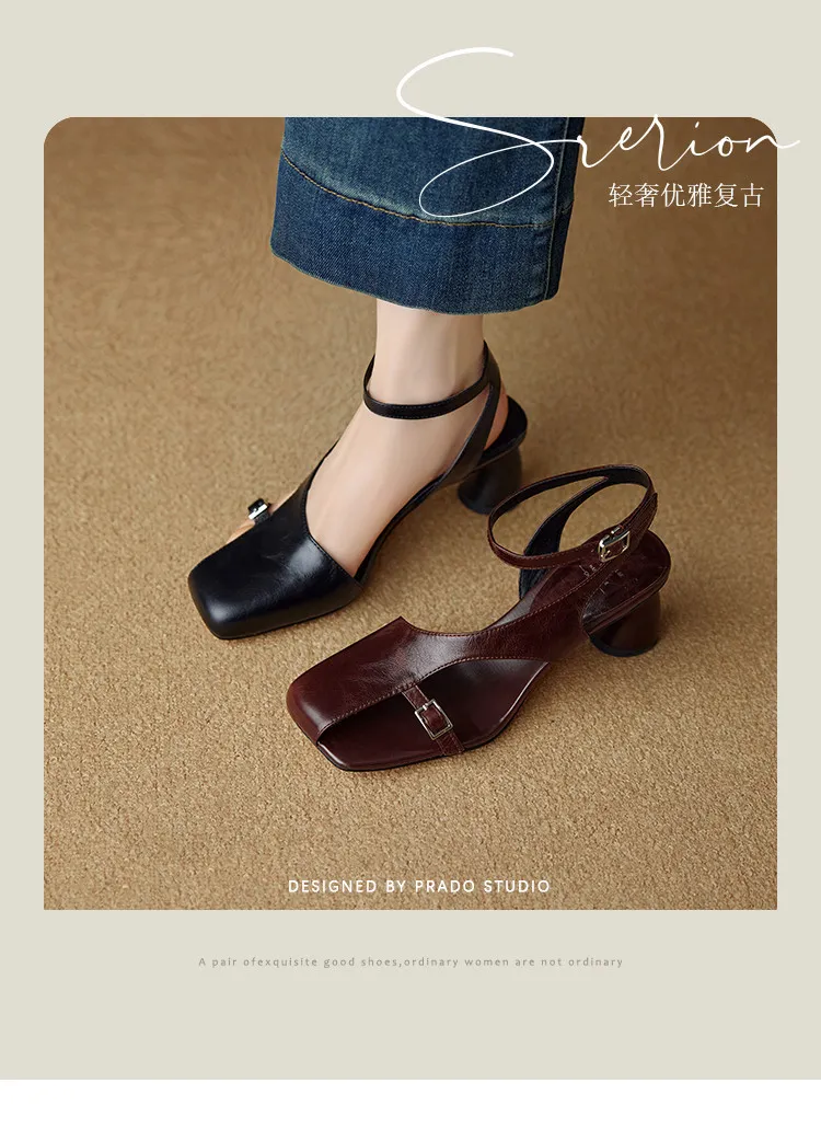 Spring/Summer Square Toe Sandals with Buckle Chunky Heel Fashion Leather Women's Shoes 4-20n