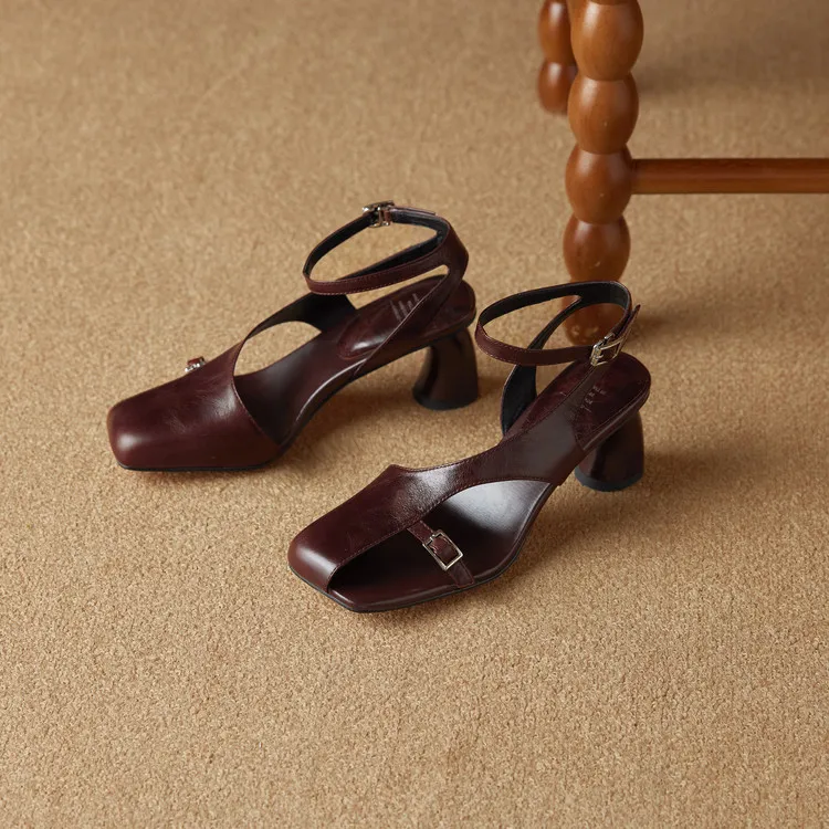 Spring/Summer Square Toe Sandals with Buckle Chunky Heel Fashion Leather Women's Shoes 4-20n