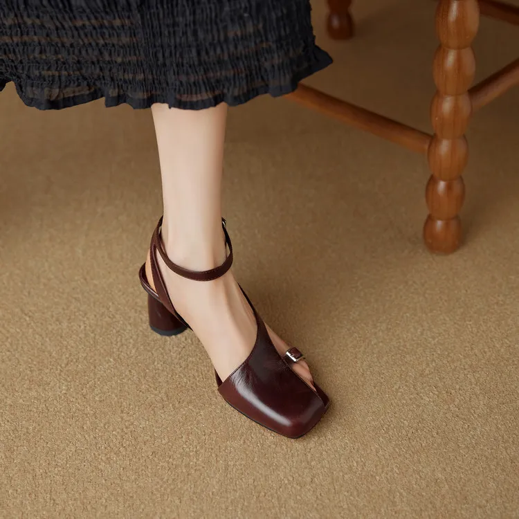 Spring/Summer Square Toe Sandals with Buckle Chunky Heel Fashion Leather Women's Shoes 4-20n