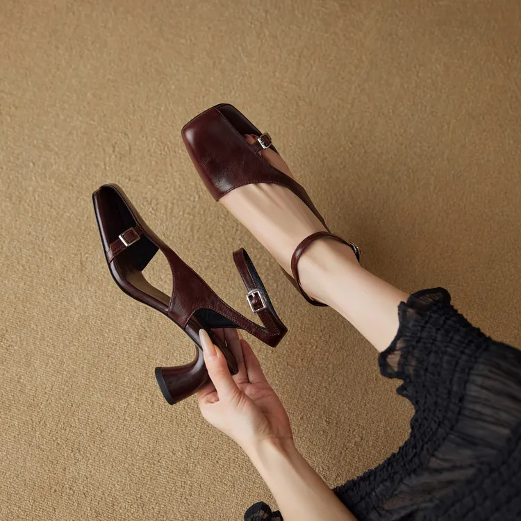 Spring/Summer Square Toe Sandals with Buckle Chunky Heel Fashion Leather Women's Shoes 4-20n