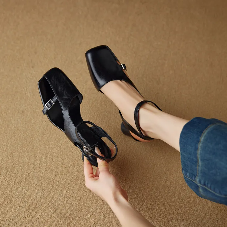 Spring/Summer Square Toe Sandals with Buckle Chunky Heel Fashion Leather Women's Shoes 4-20n