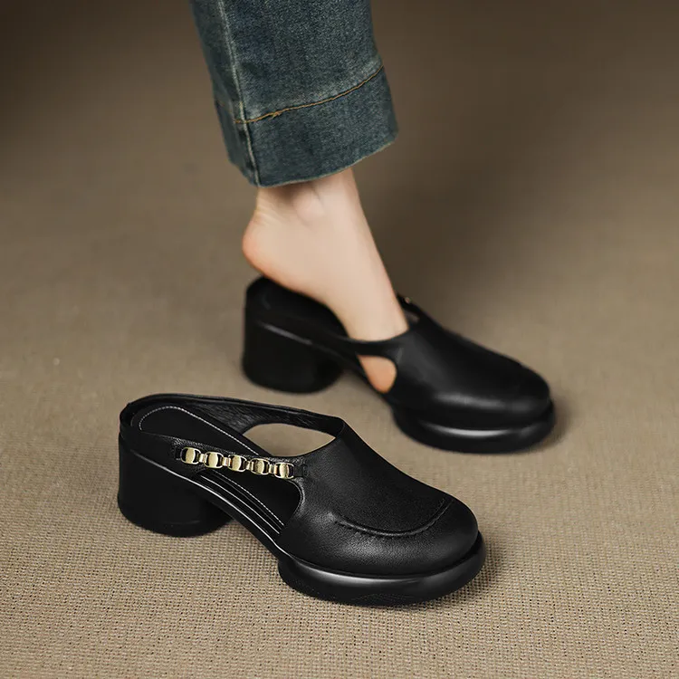 Spring/Summer Round Toe Platform Chunky Heel Slippers Sheepskin Fashion Women's Shoes Black 5-13c
