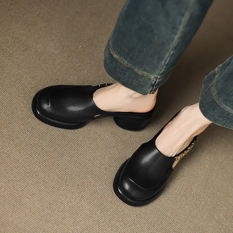 Spring/Summer Round Toe Platform Chunky Heel Slippers Sheepskin Fashion Women's Shoes Black 5-13c