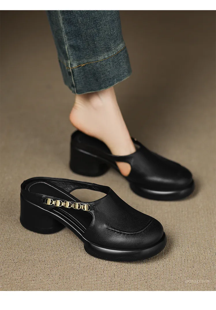 Spring/Summer Round Toe Platform Chunky Heel Slippers Sheepskin Fashion Women's Shoes Black 5-13c