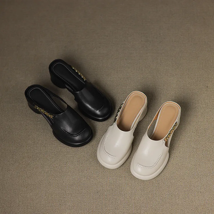 Spring/Summer Round Toe Platform Chunky Heel Slippers Sheepskin Fashion Women's Shoes Black 5-13c