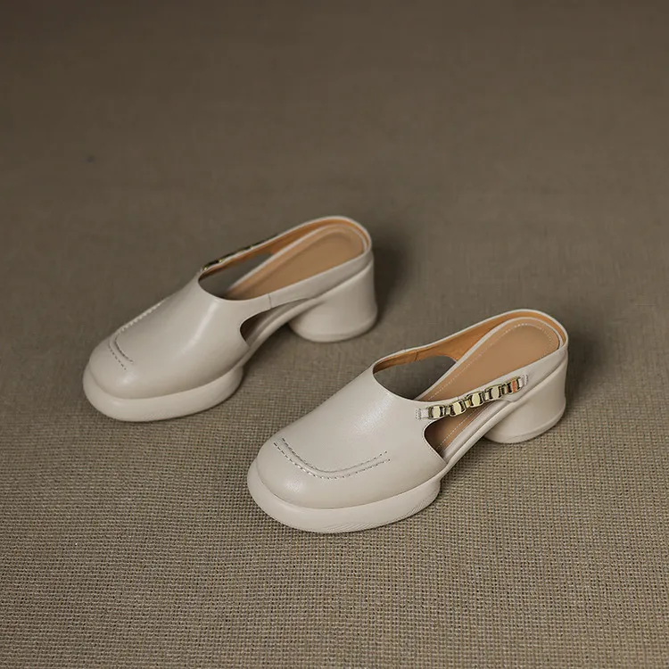 Spring/Summer Round Toe Platform Chunky Heel Slippers Sheepskin Fashion Women's Shoes Black 5-13c