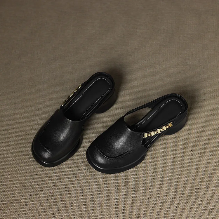 Spring/Summer Round Toe Platform Chunky Heel Slippers Sheepskin Fashion Women's Shoes Black 5-13c