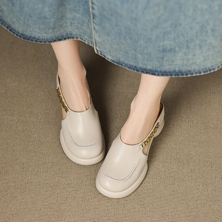 Spring/Summer Round Toe Platform Chunky Heel Slippers Sheepskin Fashion Women's Shoes Black 5-13c