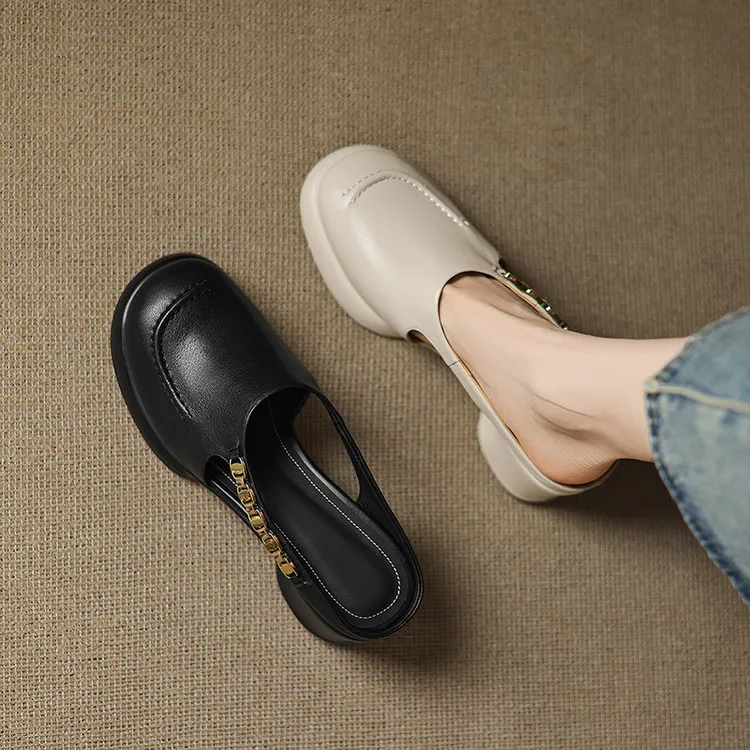 Spring/Summer Round Toe Platform Chunky Heel Slippers Sheepskin Fashion Women's Shoes Black 5-13c