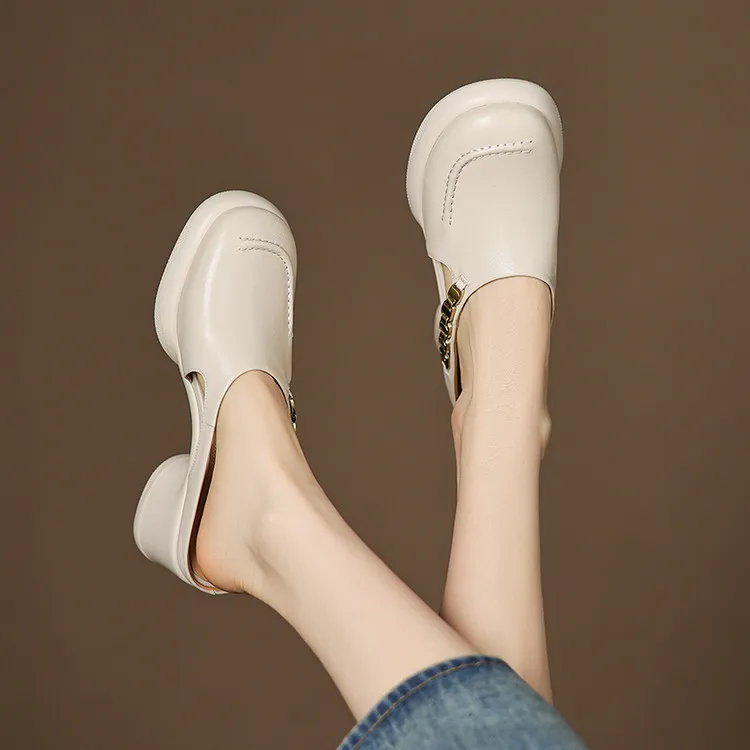 Spring/Summer Round Toe Platform Chunky Heel Slippers Sheepskin Fashion Women's Shoes Black 5-13c