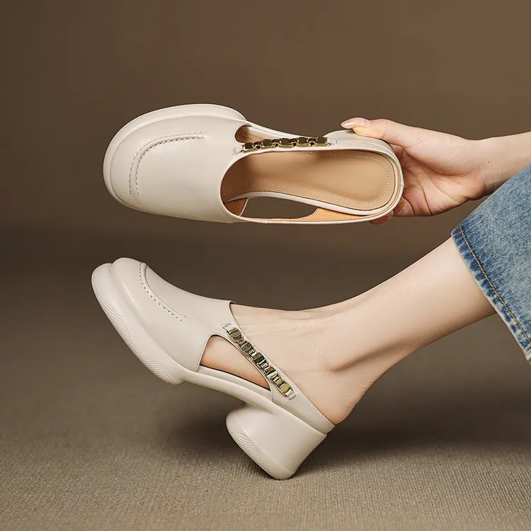 Spring/Summer Round Toe Platform Chunky Heel Slippers Sheepskin Fashion Women's Shoes Black 5-13c