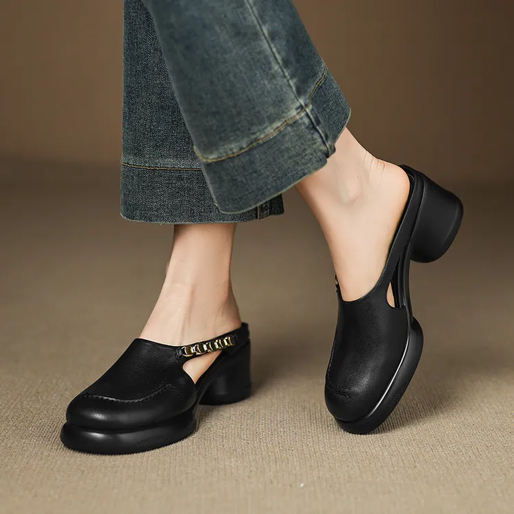 Spring/Summer Round Toe Platform Chunky Heel Slippers Sheepskin Fashion Women's Shoes Black 5-13c