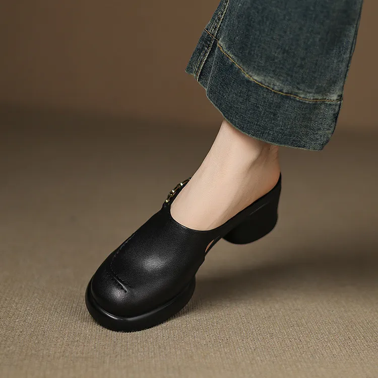 Spring/Summer Round Toe Platform Chunky Heel Slippers Sheepskin Fashion Women's Shoes Black 5-13c