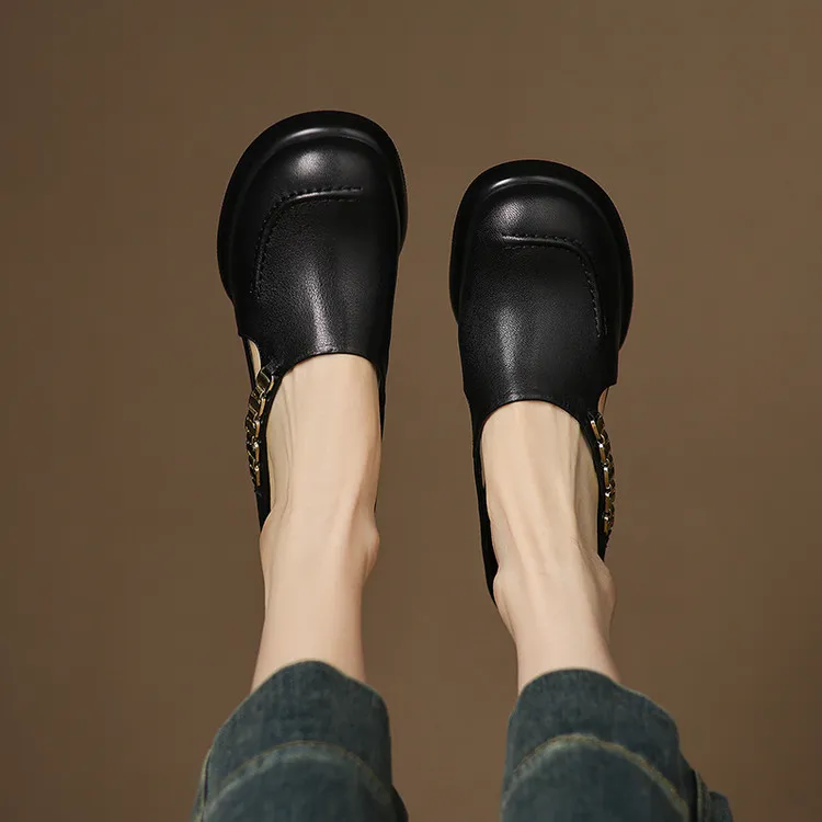 Spring/Summer Round Toe Platform Chunky Heel Slippers Sheepskin Fashion Women's Shoes Black 5-13c