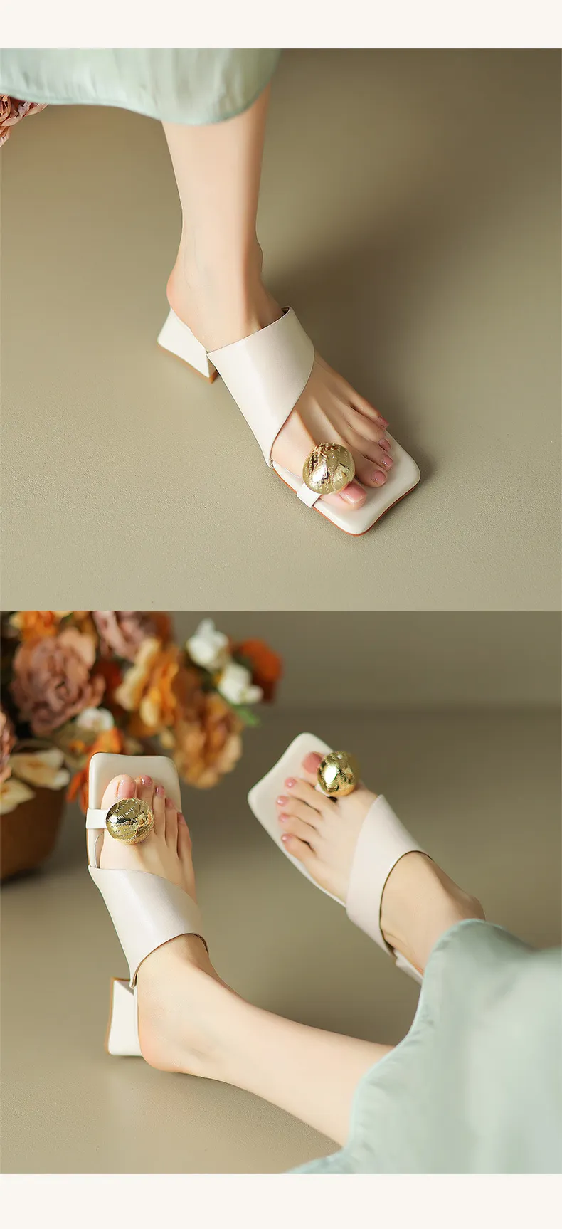 Summer slippers with square toe, chunky heel, and high heels – fashionable women's shoes