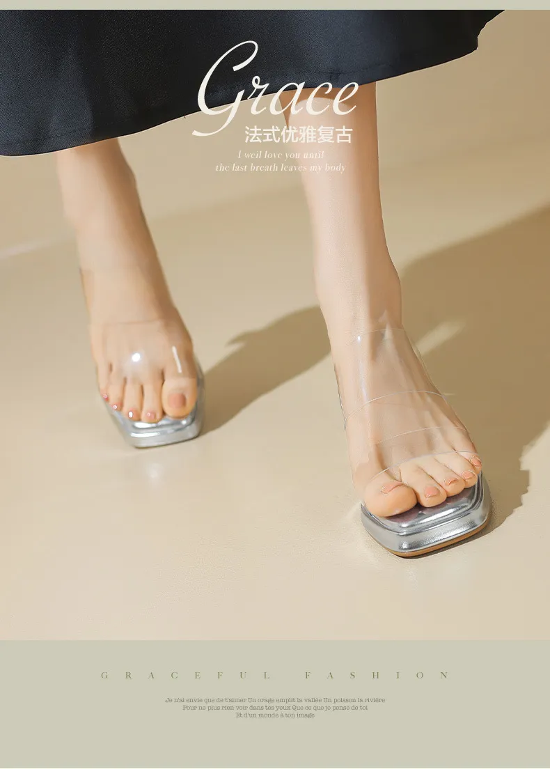 Spring/Summer Slip-on Fashion Women's Slip-on Sandals with Square Toes and Chunky Heels