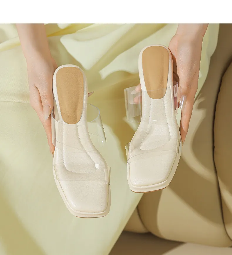 Spring/Summer Slip-on Fashion Women's Slip-on Sandals with Square Toes and Chunky Heels