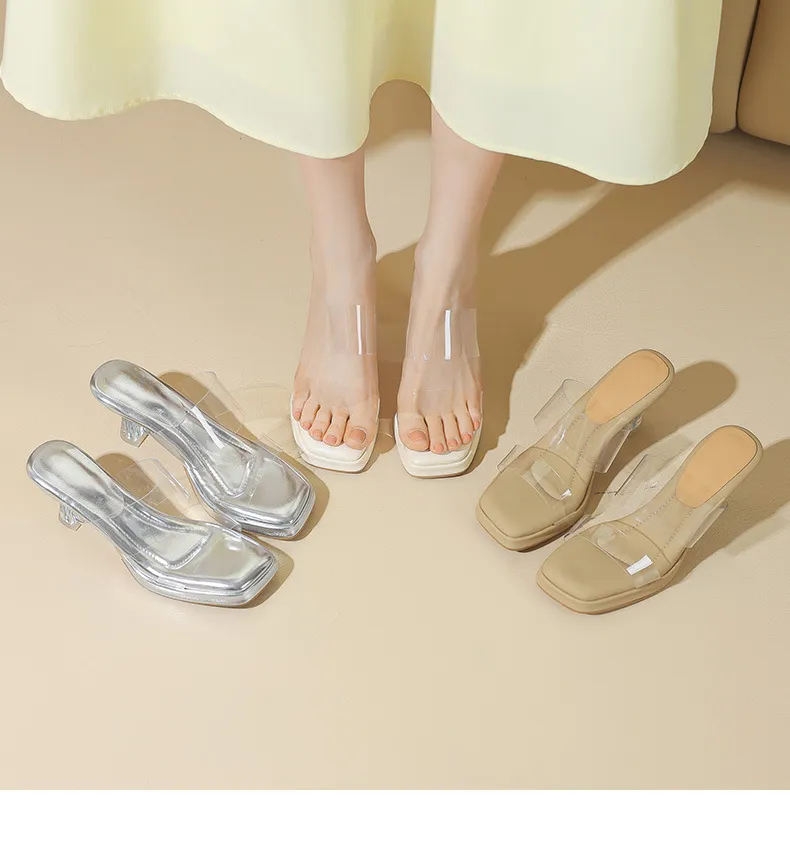 Spring/Summer Slip-on Fashion Women's Slip-on Sandals with Square Toes and Chunky Heels