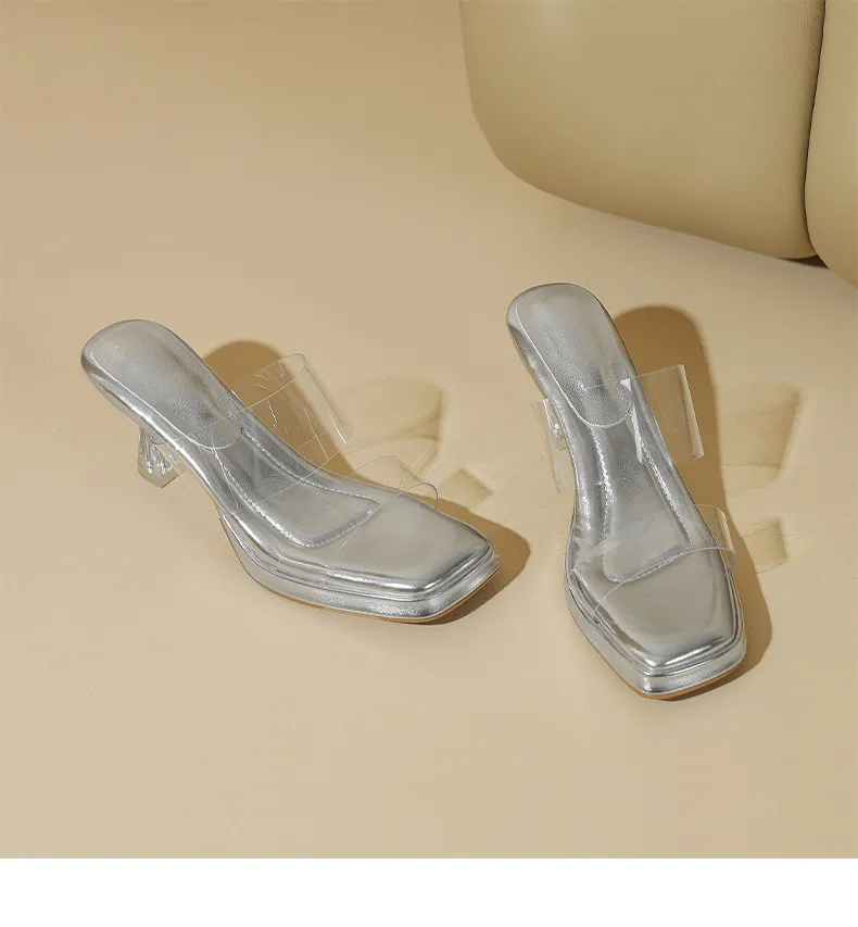 Spring/Summer Slip-on Fashion Women's Slip-on Sandals with Square Toes and Chunky Heels