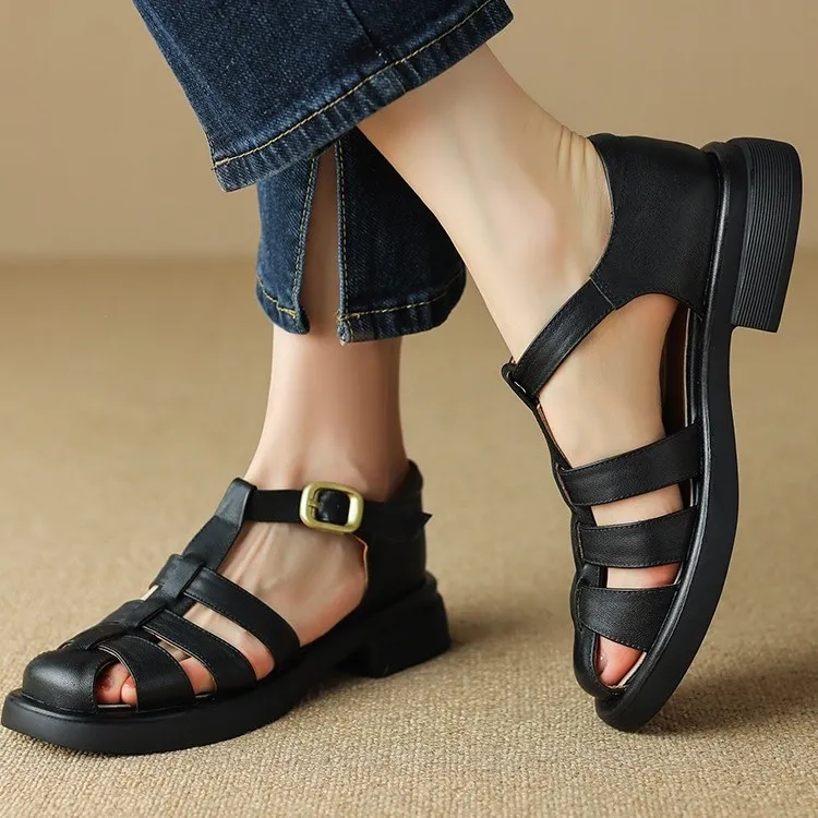 Summer retro French-style closed-toe women's shoes, plus sizes 34-39, 40, 41, 42, Roman sandals