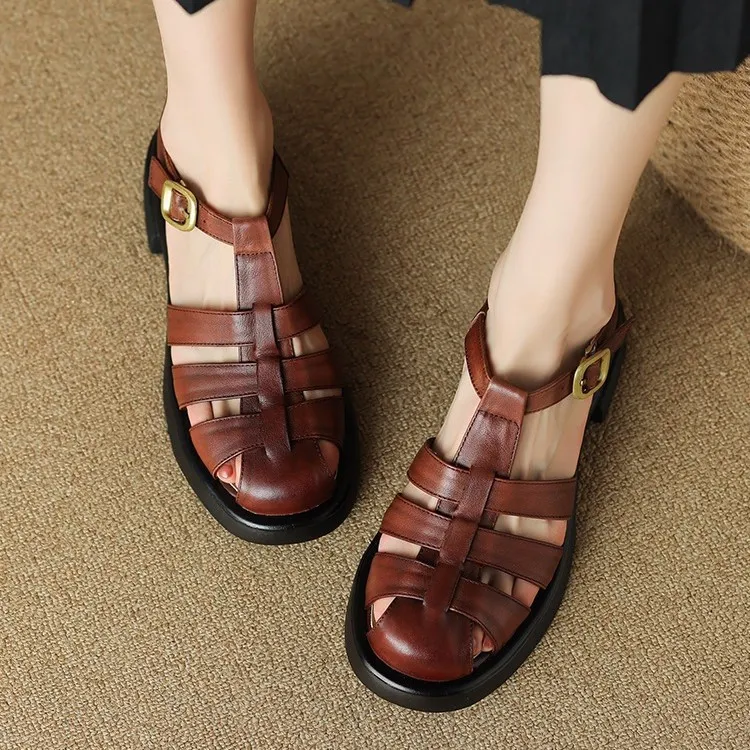 Summer retro French-style closed-toe women's shoes, plus sizes 34-39, 40, 41, 42, Roman sandals