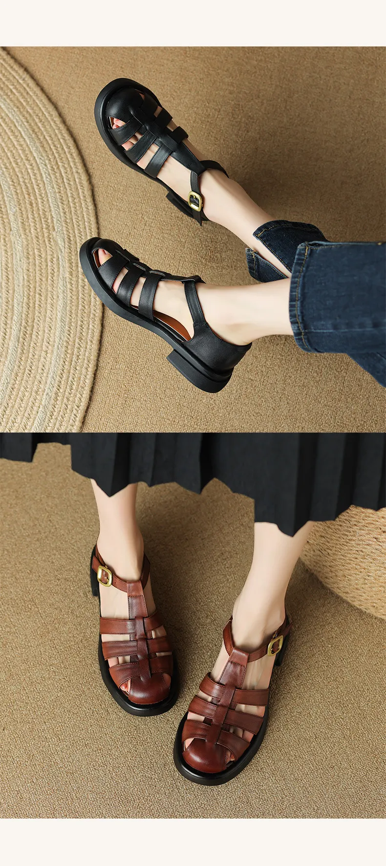 Summer retro French-style closed-toe women's shoes, plus sizes 34-39, 40, 41, 42, Roman sandals
