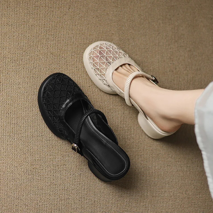 Spring/Summer Slippers, Round Toe, Thick Sole, Chunky Heel, High Heel, Sheepskin and Mesh Panel Women's Shoes, 5-13a