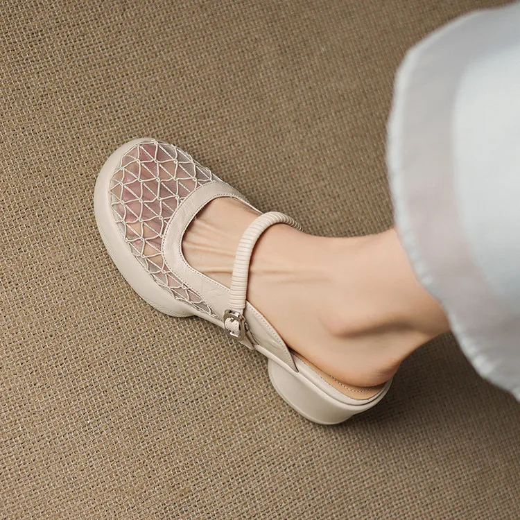 Spring/Summer Slippers, Round Toe, Thick Sole, Chunky Heel, High Heel, Sheepskin and Mesh Panel Women's Shoes, 5-13a