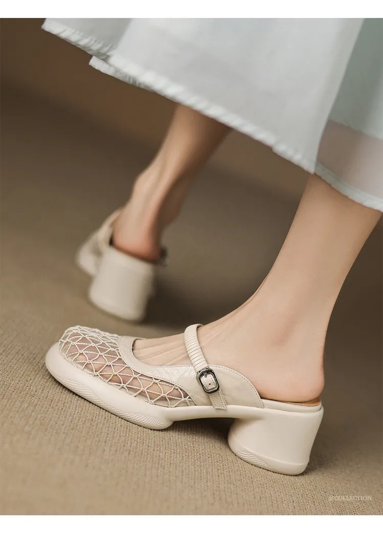 Spring/Summer Slippers, Round Toe, Thick Sole, Chunky Heel, High Heel, Sheepskin and Mesh Panel Women's Shoes, 5-13a