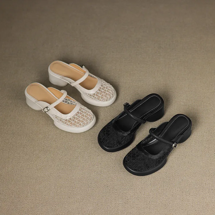 Spring/Summer Slippers, Round Toe, Thick Sole, Chunky Heel, High Heel, Sheepskin and Mesh Panel Women's Shoes, 5-13a