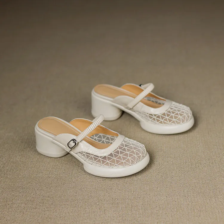 Spring/Summer Slippers, Round Toe, Thick Sole, Chunky Heel, High Heel, Sheepskin and Mesh Panel Women's Shoes, 5-13a