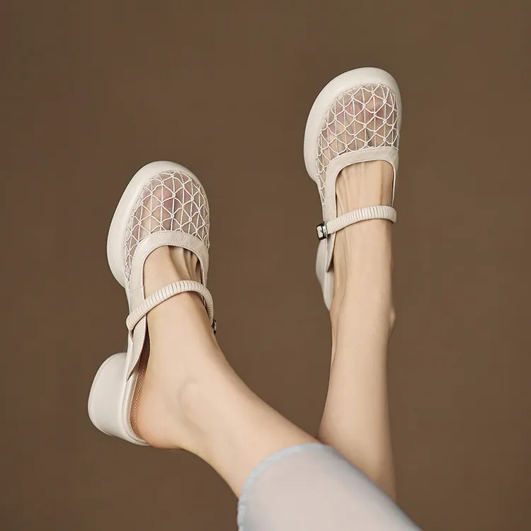Spring/Summer Slippers, Round Toe, Thick Sole, Chunky Heel, High Heel, Sheepskin and Mesh Panel Women's Shoes, 5-13a