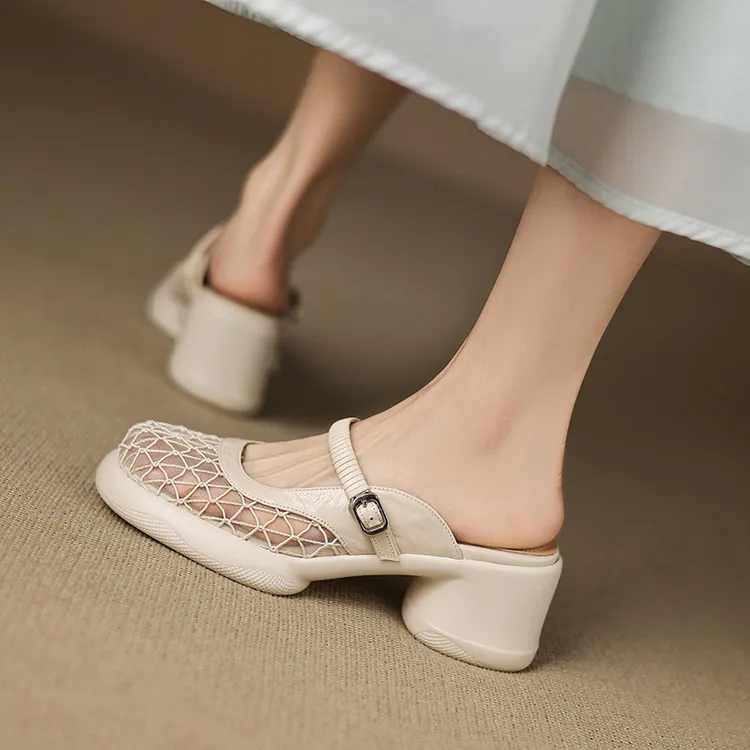 Spring/Summer Slippers, Round Toe, Thick Sole, Chunky Heel, High Heel, Sheepskin and Mesh Panel Women's Shoes, 5-13a