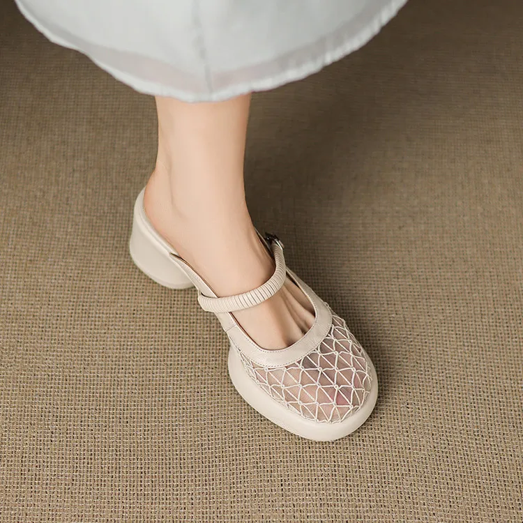 Spring/Summer Slippers, Round Toe, Thick Sole, Chunky Heel, High Heel, Sheepskin and Mesh Panel Women's Shoes, 5-13a
