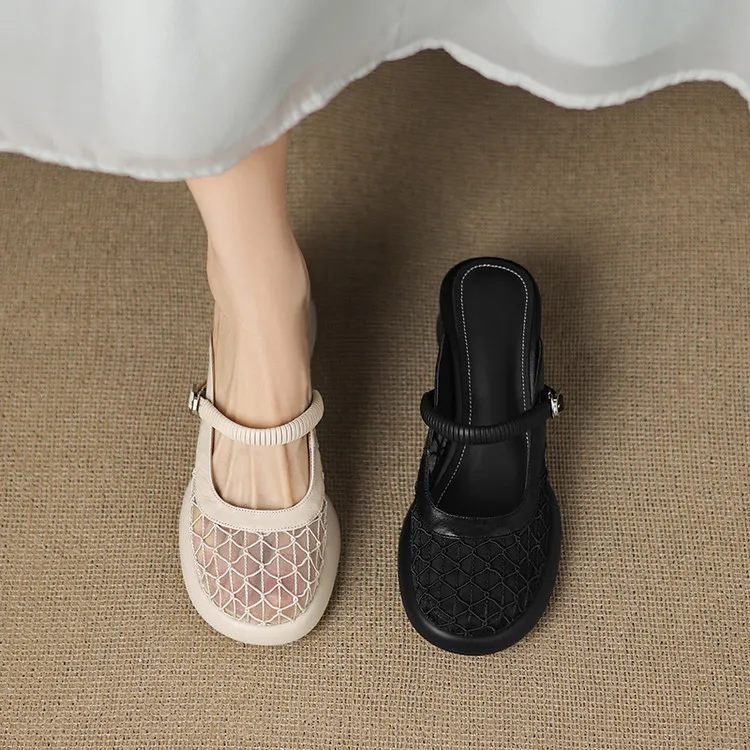 Spring/Summer Slippers, Round Toe, Thick Sole, Chunky Heel, High Heel, Sheepskin and Mesh Panel Women's Shoes, 5-13a